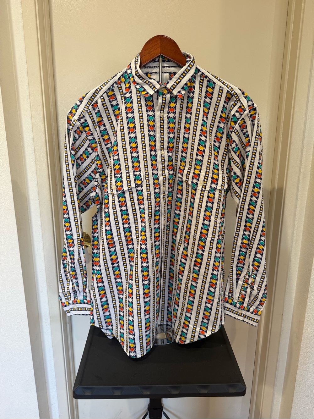 UNIONBAY White Button-Up Shirt with Multicolor Geometric Stripes